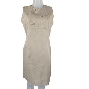 Amanda Smith 100% Pure Linen Tan Floral Embroidered Women's Dress 10